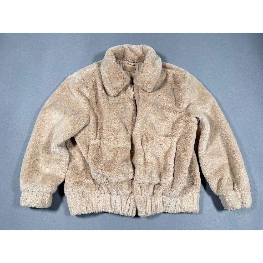 CRESCENT Faux Fur Bomber Jacket Beige Tan Plush Zip Up Teddy Coat Size S / M